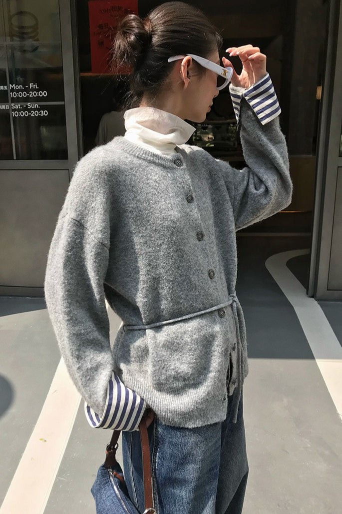 Colorblock Belted Relaxed Knit Cardigan