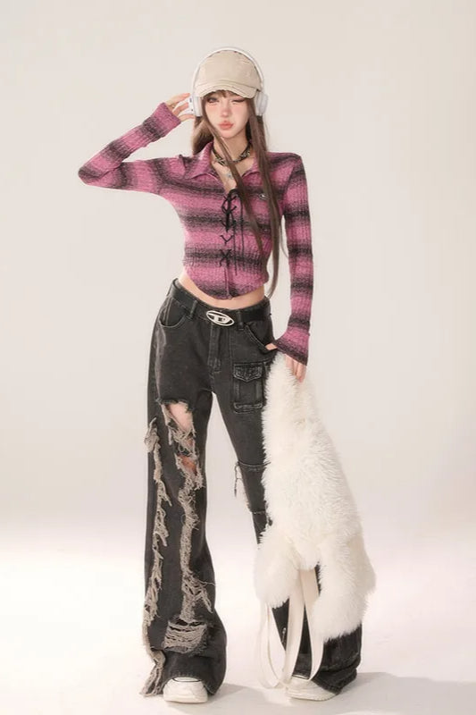 High Waist Ripped Wide Leg Jean