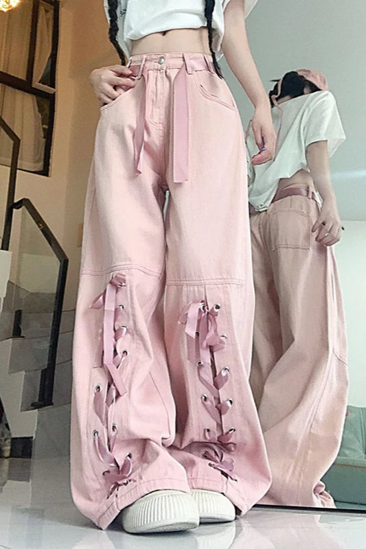 Pink Bow Tie Wide Leg Cargo Jean