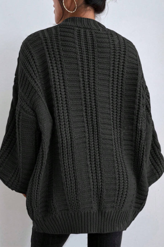 V-Neck Retro Cable Knit Puff Sleeve Cardigan