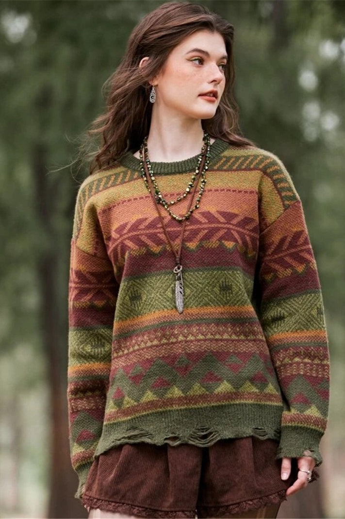 Distressed Geometric Pattern Sweater