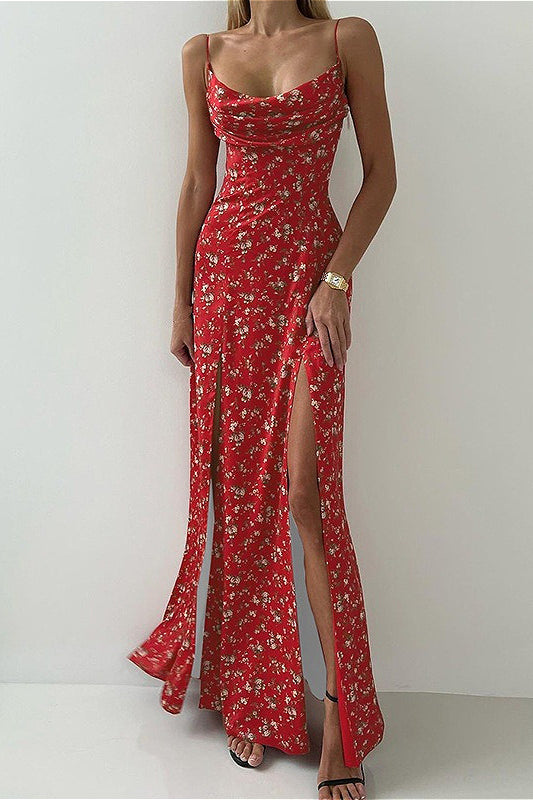 Low Cut Color Block Strap Floral Dress