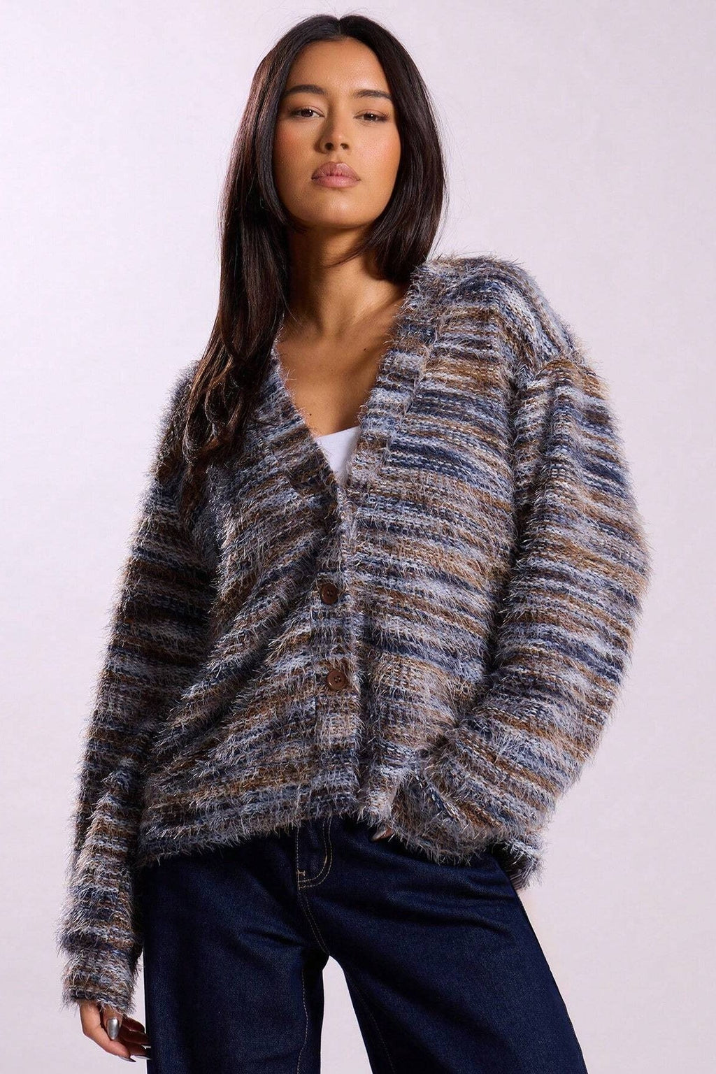 Retro Deep V-Neck Plush Long Knit Cardigan
