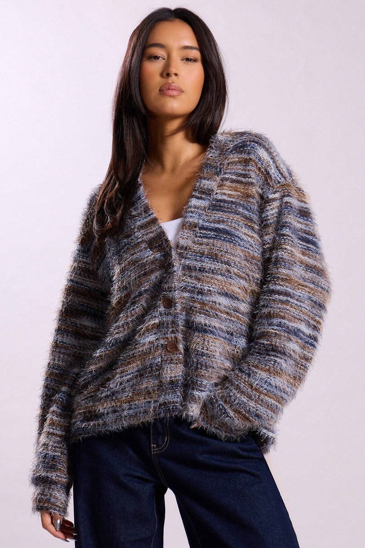 Retro Deep V-Neck Plush Long Knit Cardigan