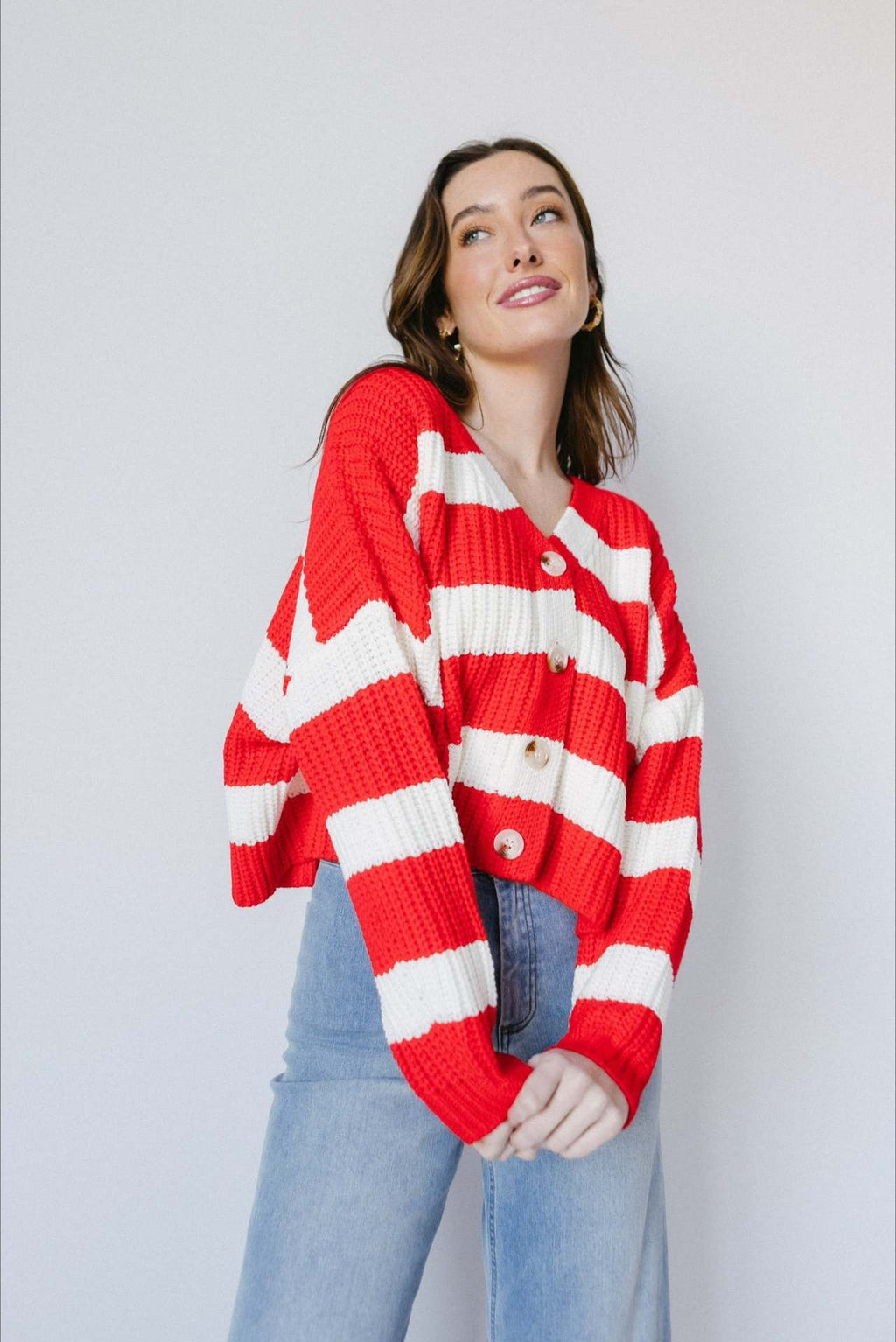 Relaxed Stripe V-Neck Long-Sleeve Cardigan