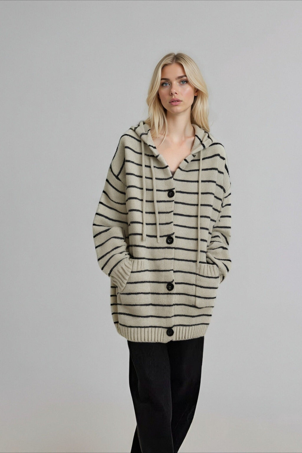 Striped Hooded Retro Drawstring Pocket Cardigan