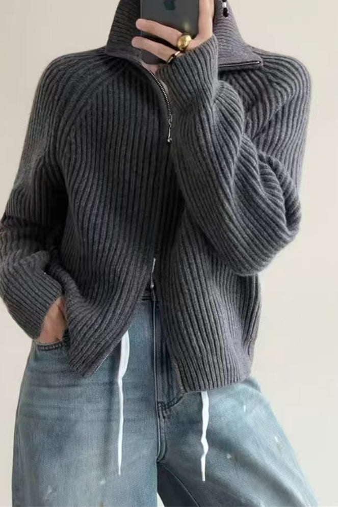 Ribbed High Neck Zip Sweater