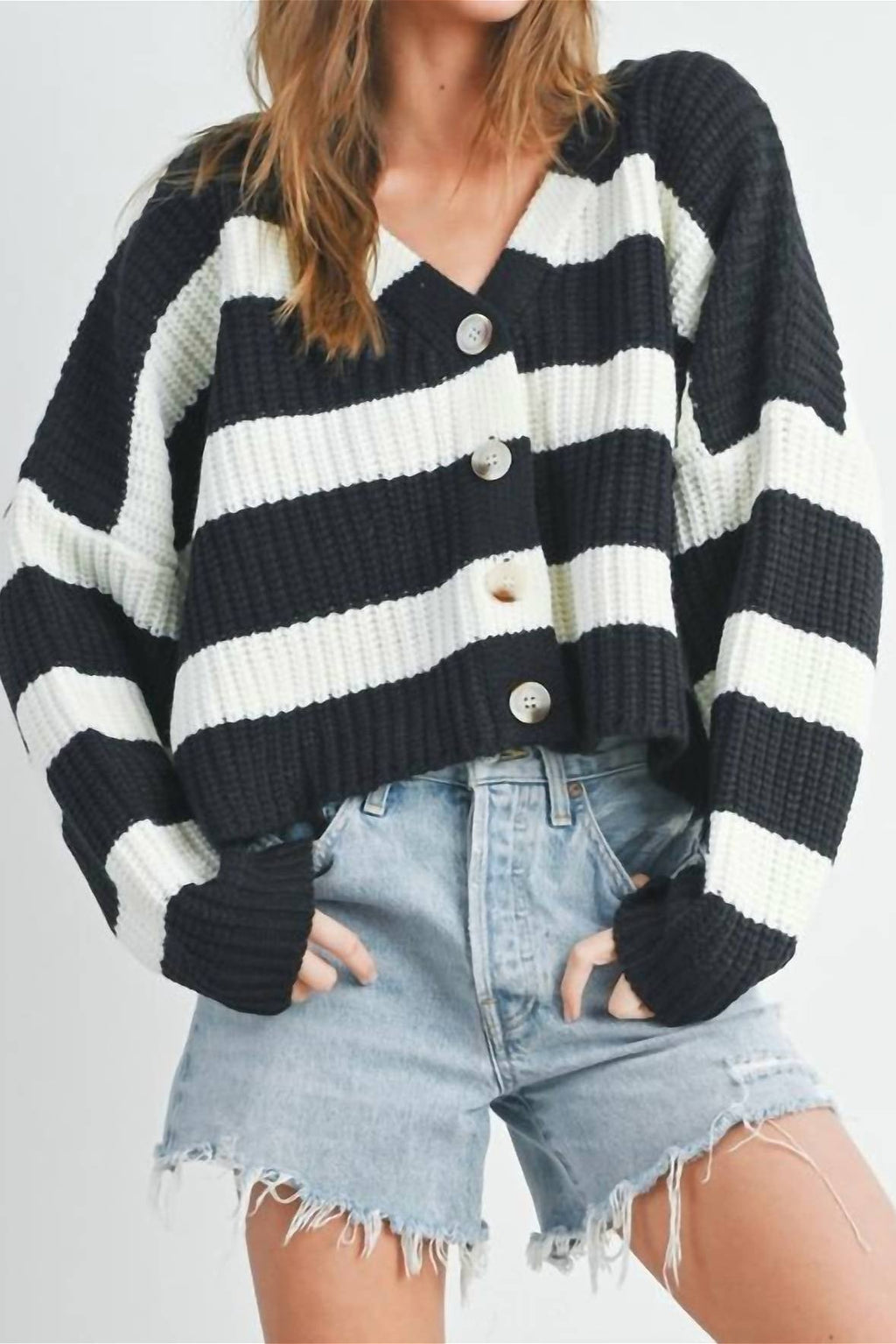 Relaxed Stripe V-Neck Long-Sleeve Cardigan