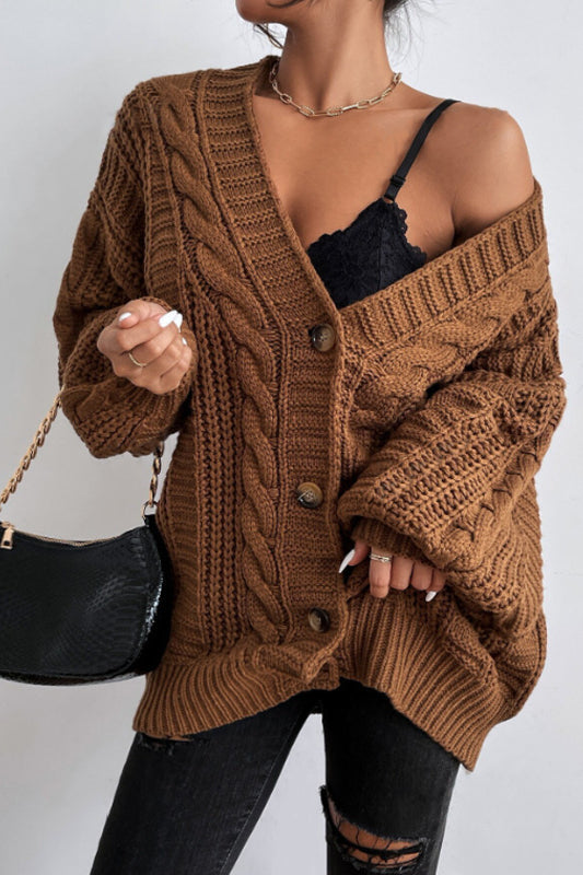 V-Neck Retro Cable Knit Puff Sleeve Cardigan
