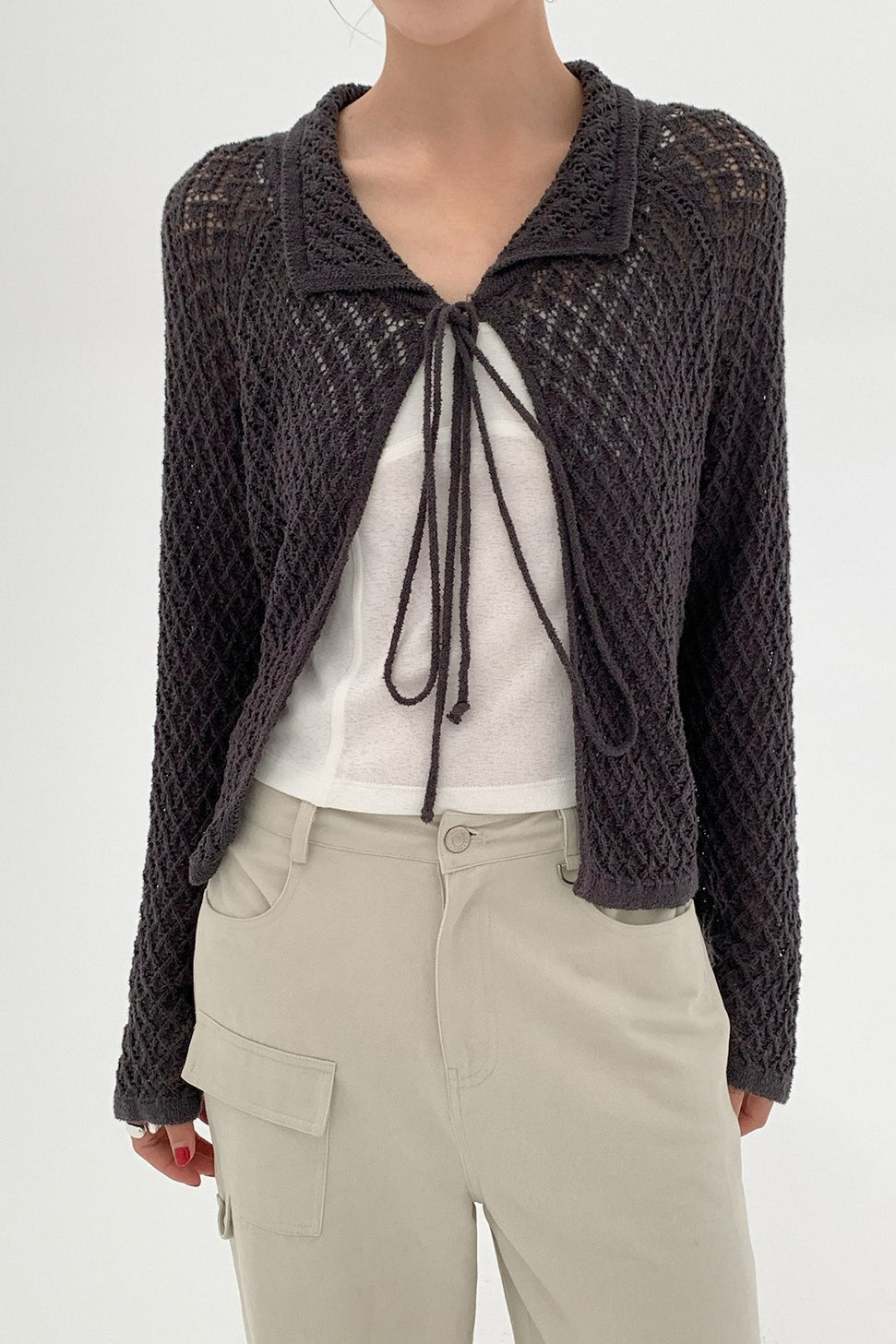 Hollow Collar Tie-Waist Short Knit Cardigan