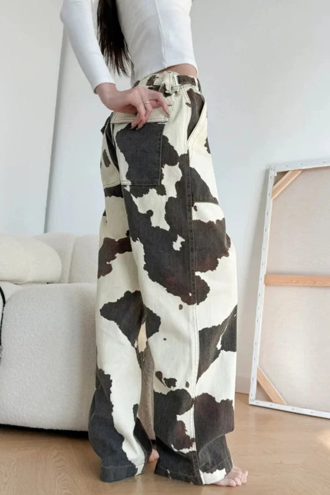 Baggy Cow Pattern Wide Leg Jean