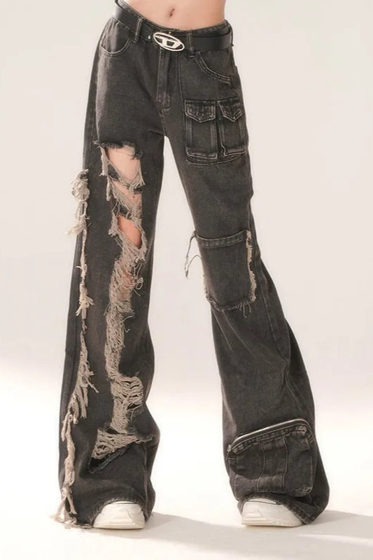 High Waist Ripped Wide Leg Jean