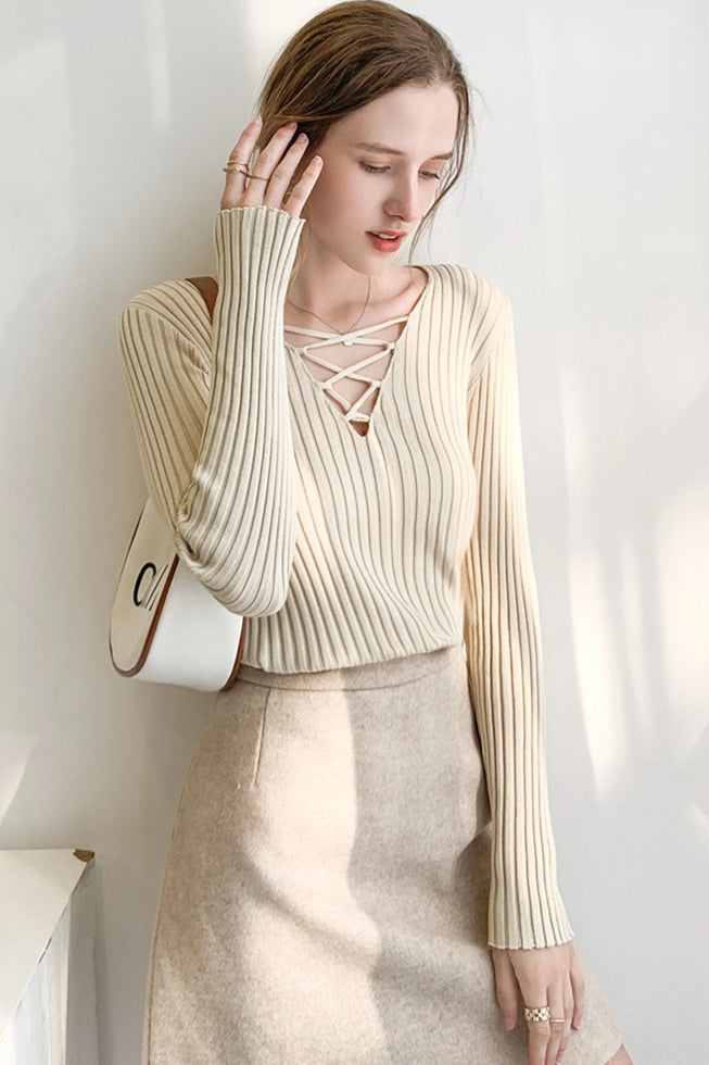 Slim Lace Up V Neck Sweater