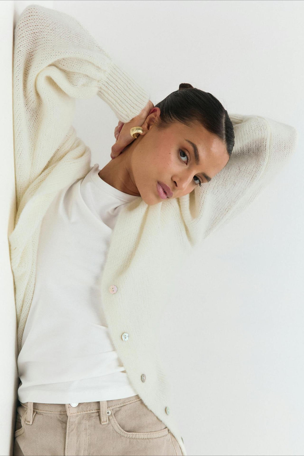 V-Neck Mohair Lace Flare Sleeve Cardigan