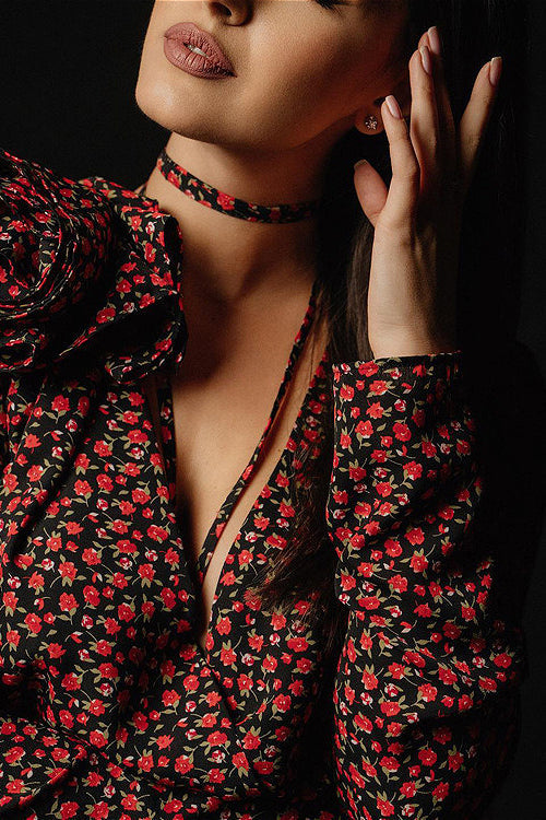 Lace Waist Deep V Side Slit Floral Dress