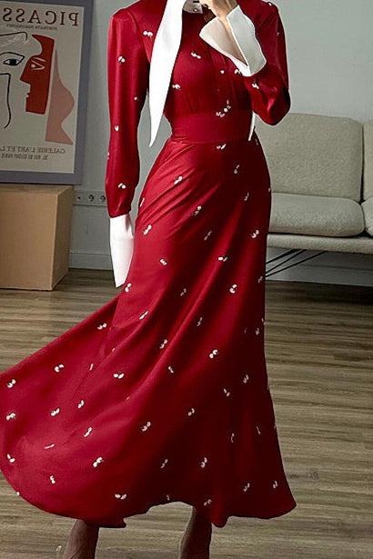 Satin Ruffled V Neck Cinched Waist Floral Dress