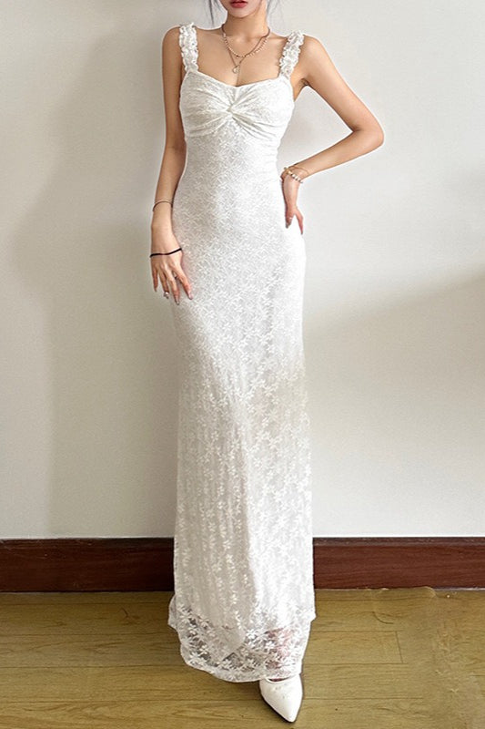 Lace Spaghetti Strap Open Back Maxi Dress