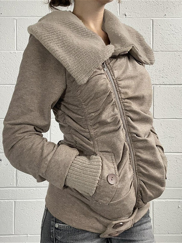 Pleated Lapel Knit Jacket Coat