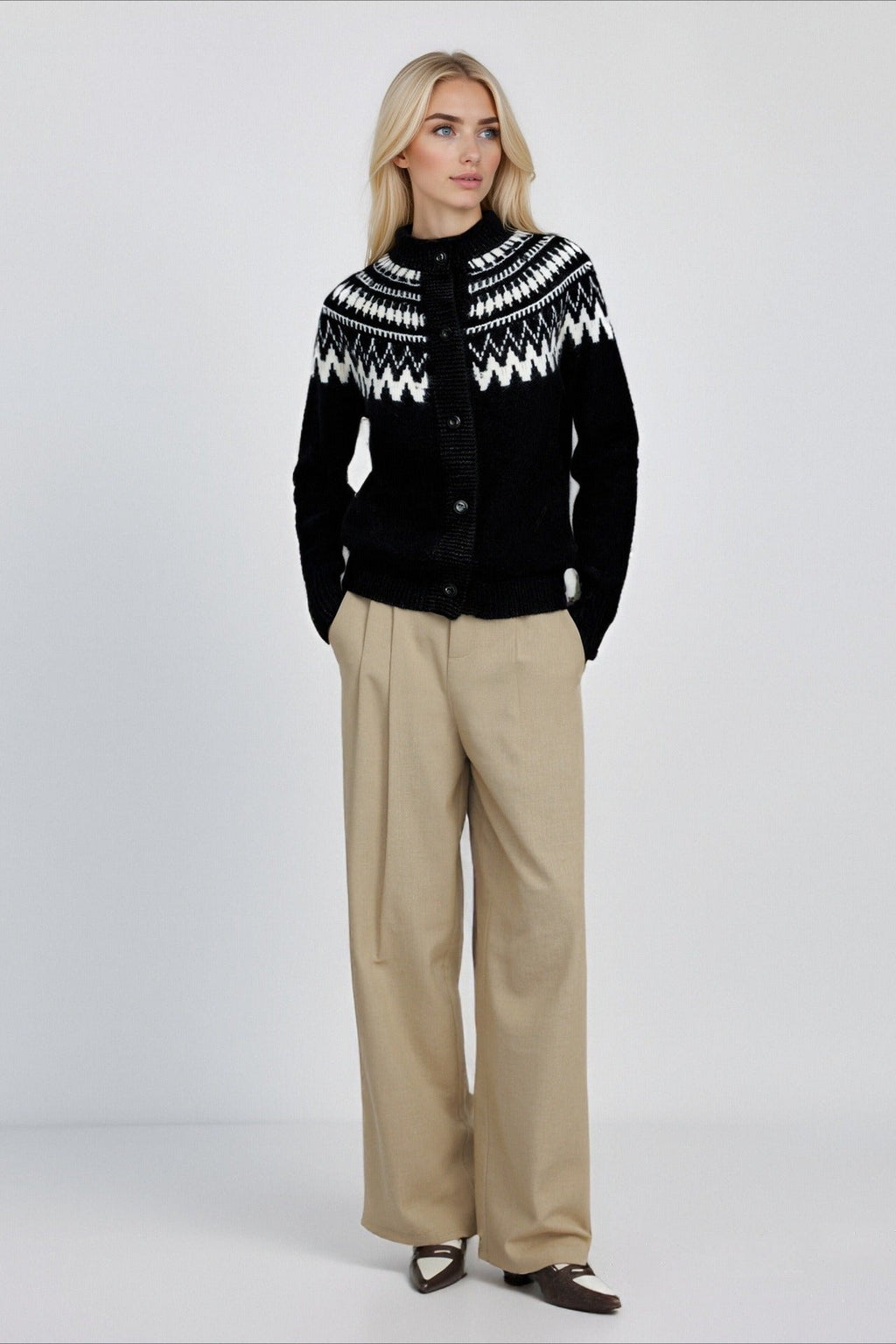 Fair Isle Geometric Colorblock Knit Cardigan