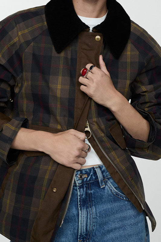 Checked Faux Fur Collar Zip Decorative Button Coat