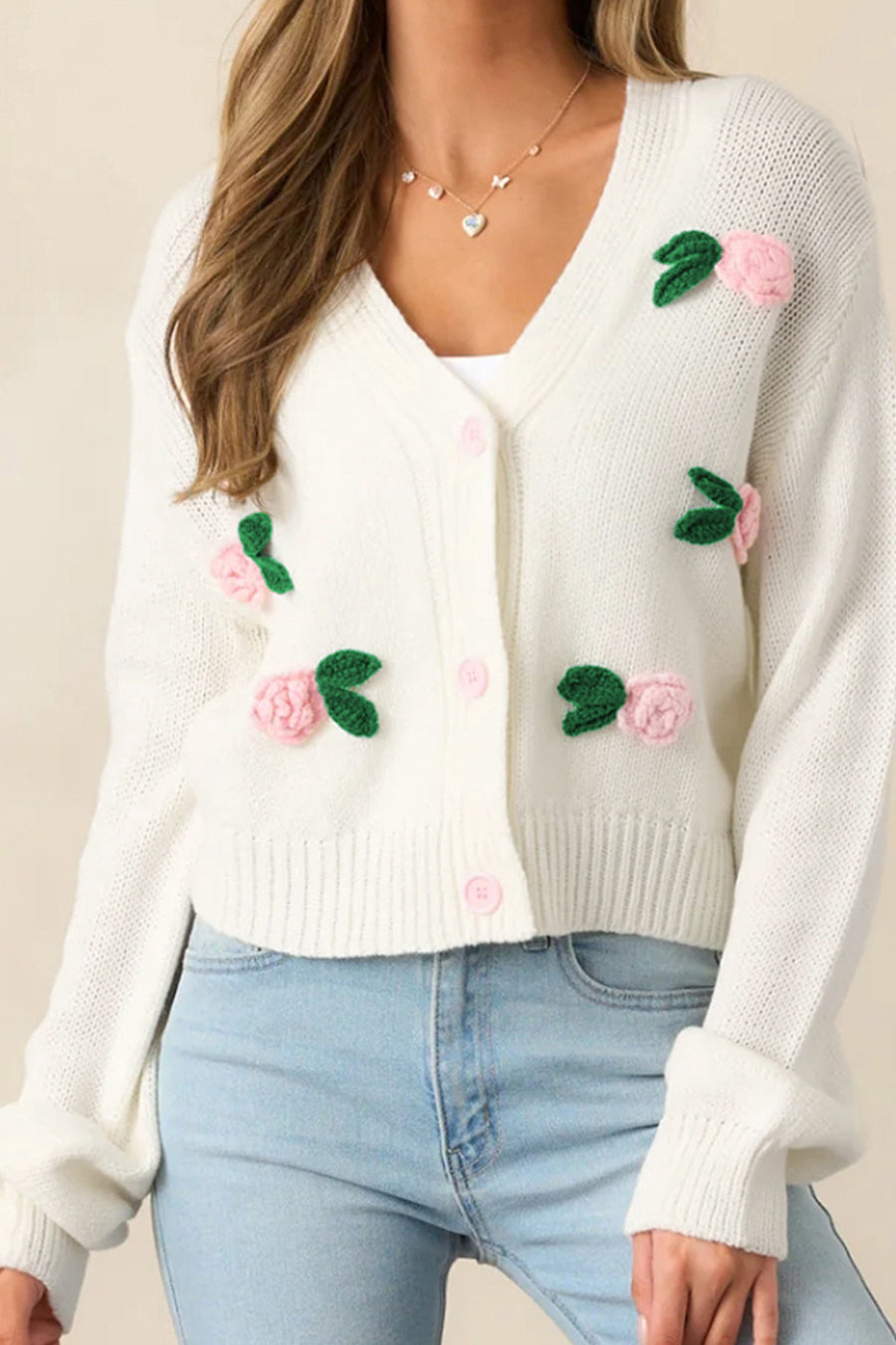 3D Floral Buttoned Knit Cardigan
