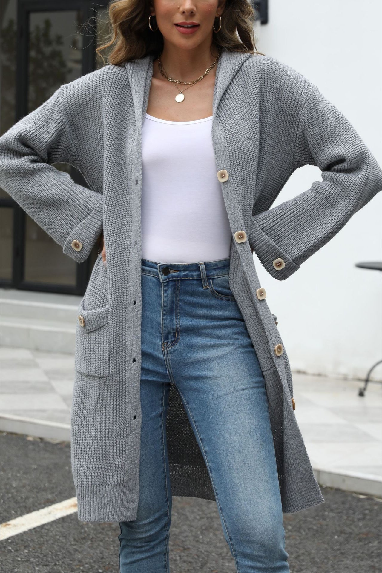 V-Neck Relaxed Plain Knit Cardigan