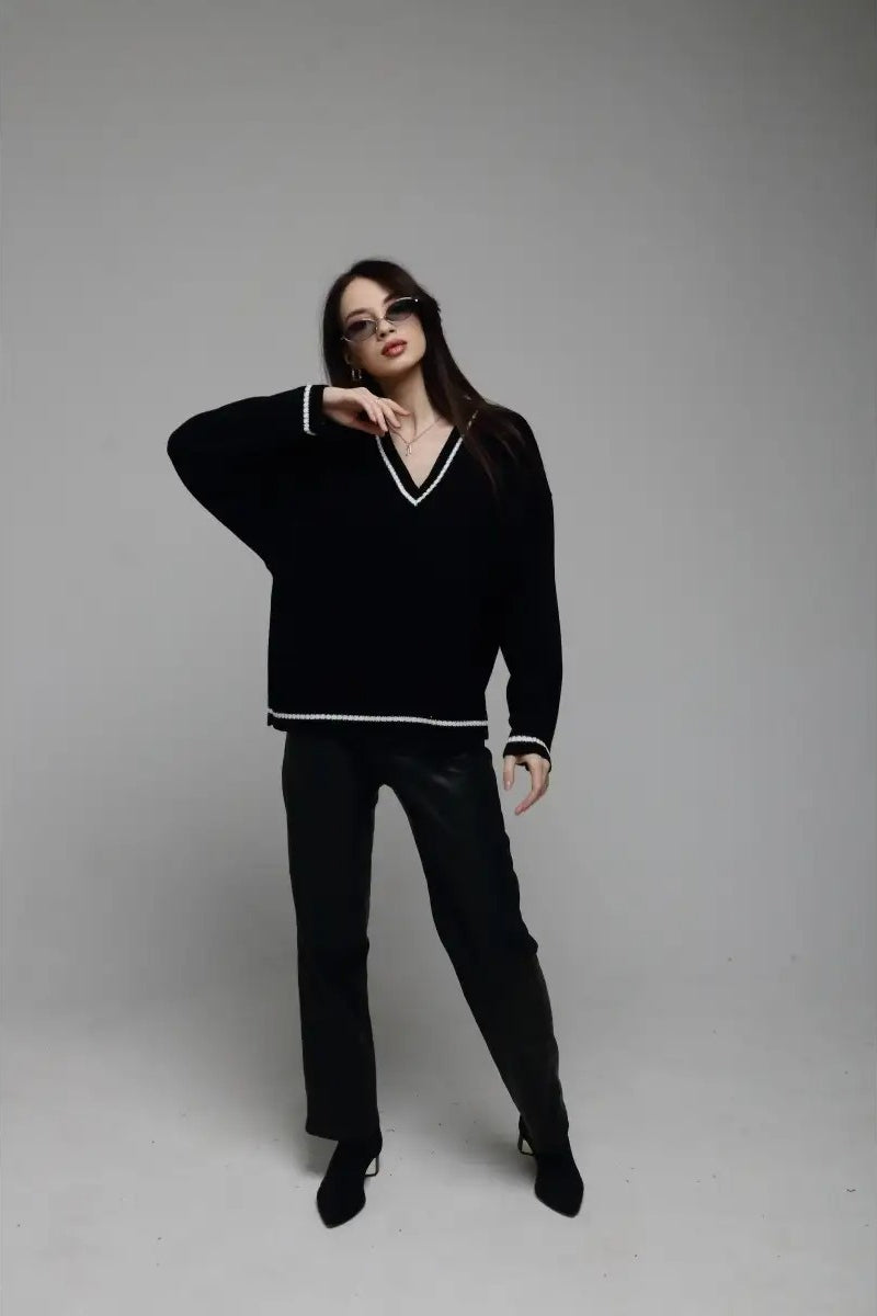 Plain Knit V Neck Sweater