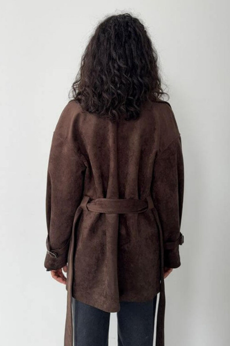 Retro Suede Lapel Tie Waist Jacket Coat