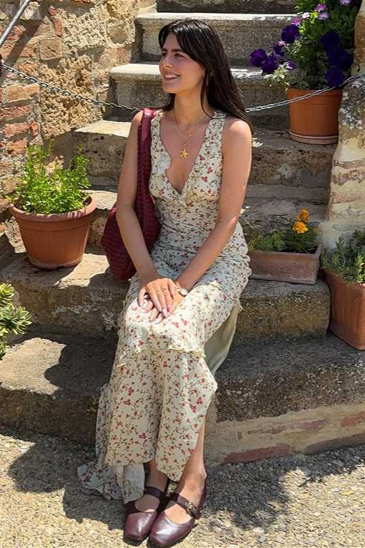 V Neck Halter Ruffled Slim Floral Dress
