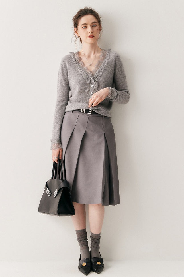Cashmere Lace-Edge V-Neck Knit Cardigan