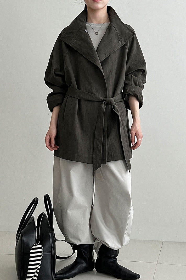British Style Stand Collar Belted Mid Trench Coat