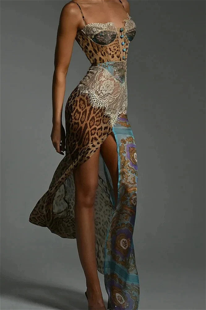 Leopard Patch Lace Floral Dress