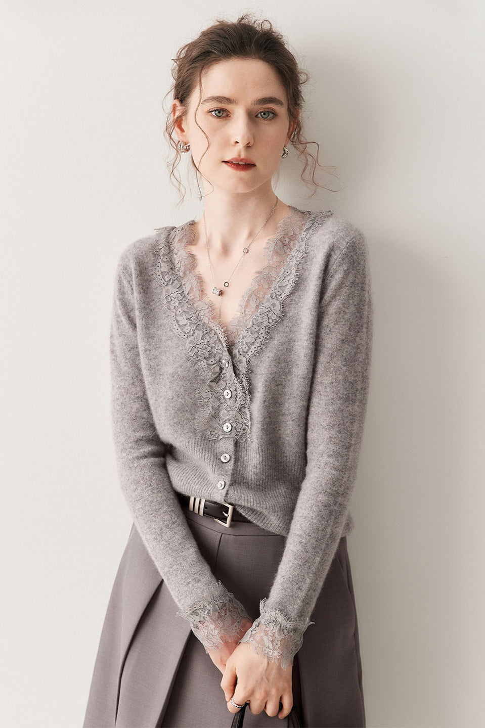Cashmere Lace-Edge V-Neck Knit Cardigan