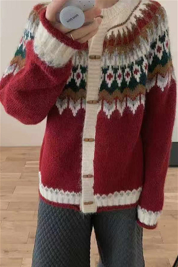 Crew-Neck Fair Isle Horn Button Cardigan