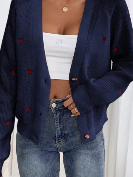 Heart Stitch V-Neck Knit Cardigan