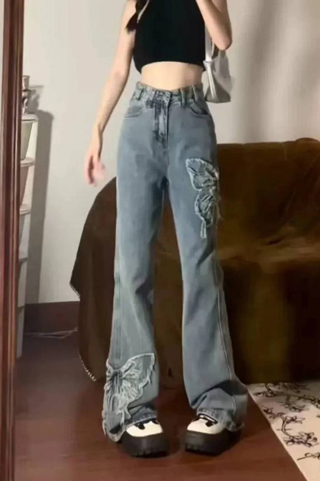 Washed Butterfly Embroidered Flare Jean