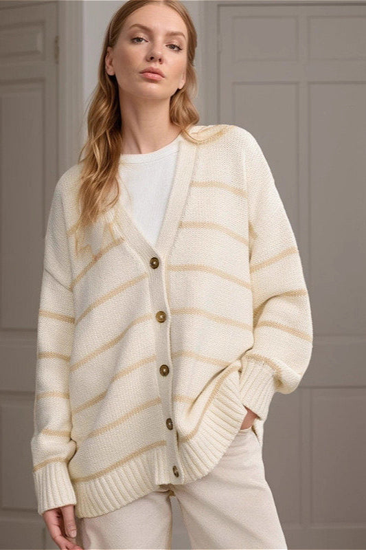 Striped Cotton V-Neck Knit Cardigan