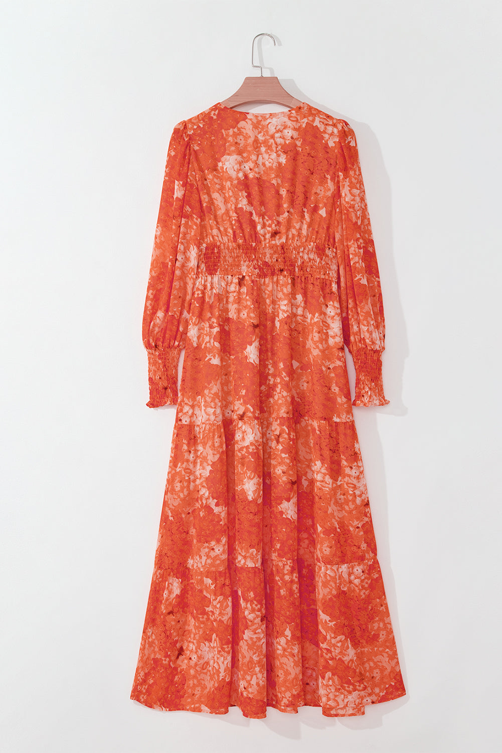 Orange Boho Floral Bishop Sleeve Tiered Maxi Dress