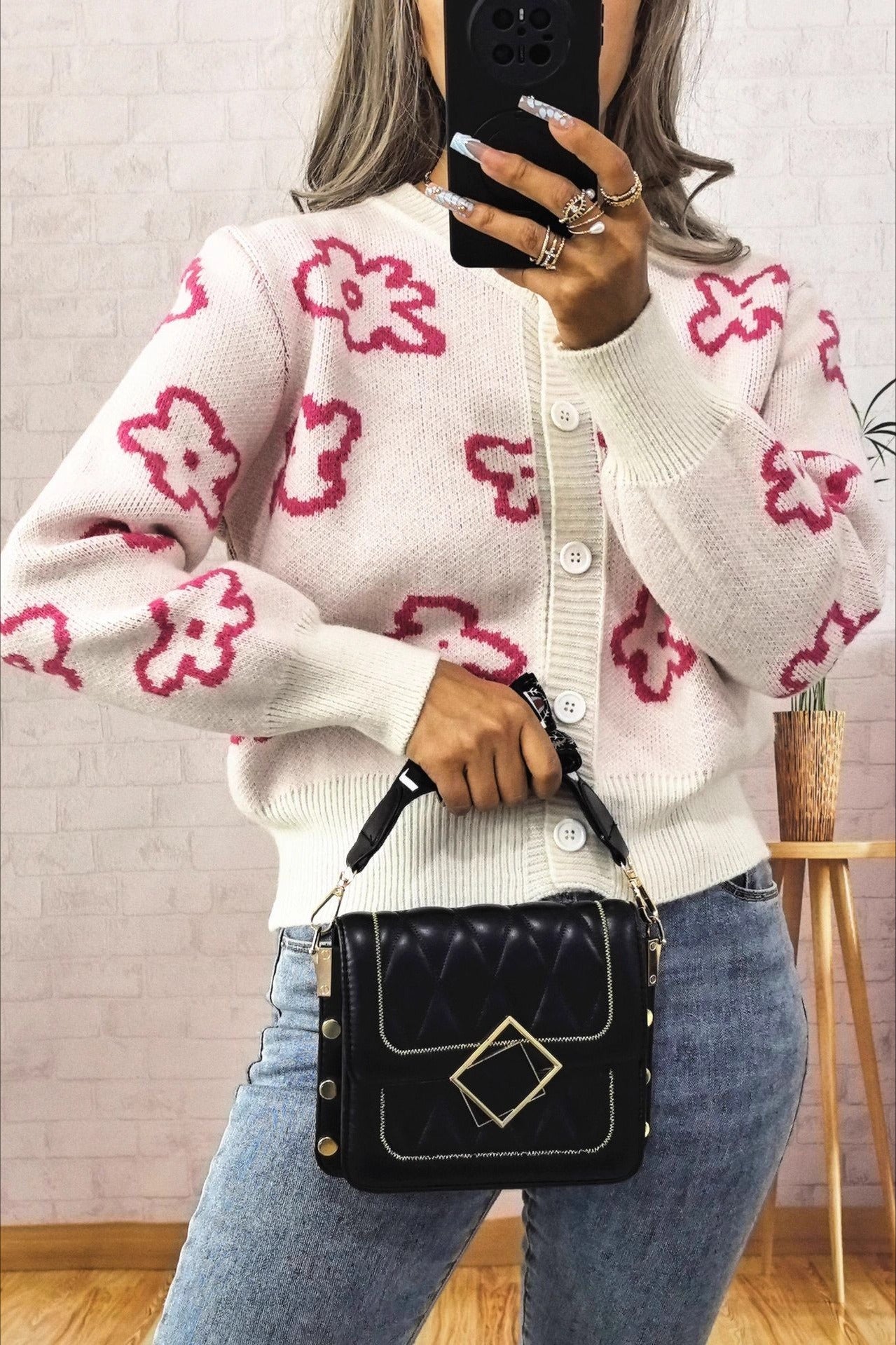 Floral Jacquard Short Button Knit Cardigan