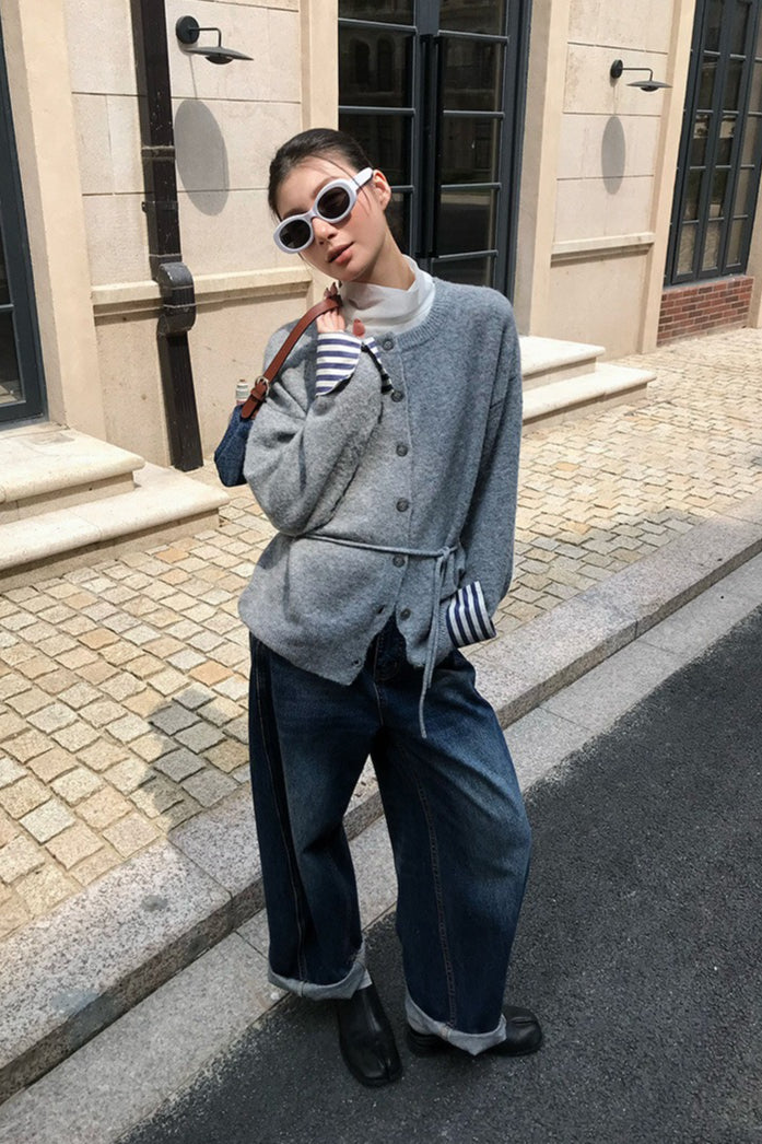Colorblock Belted Relaxed Knit Cardigan
