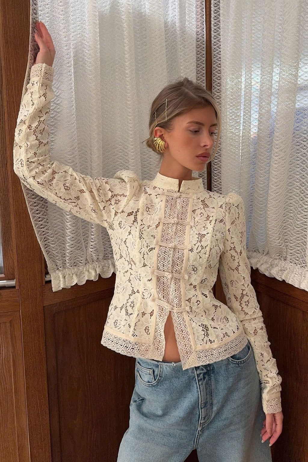 Soft High-Collar Lace Cutout Cardigan