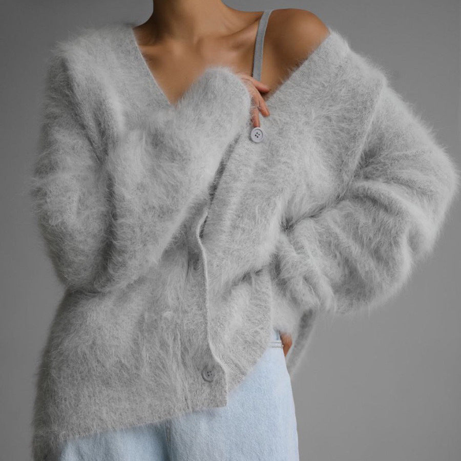V-Neck Mink Yarn Knit Cardigan