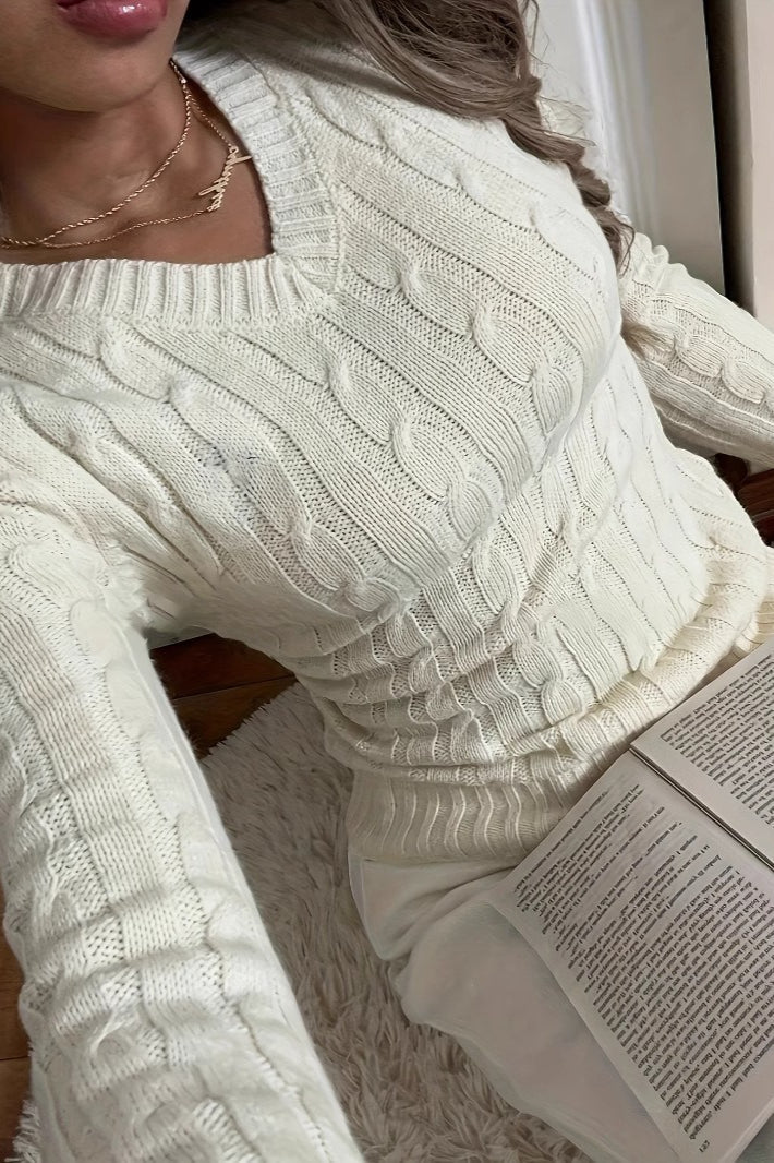 Relaxed Cable Knit V Neck Sweater