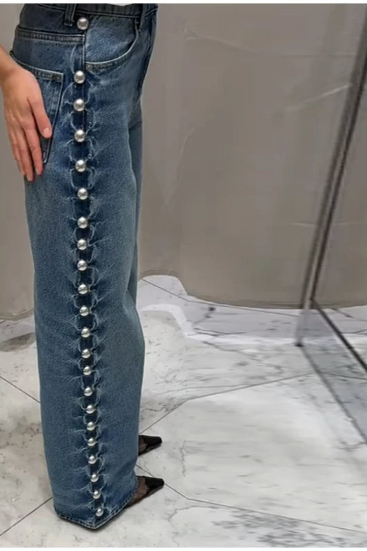 Beaded High Waist Straight Leg Jean