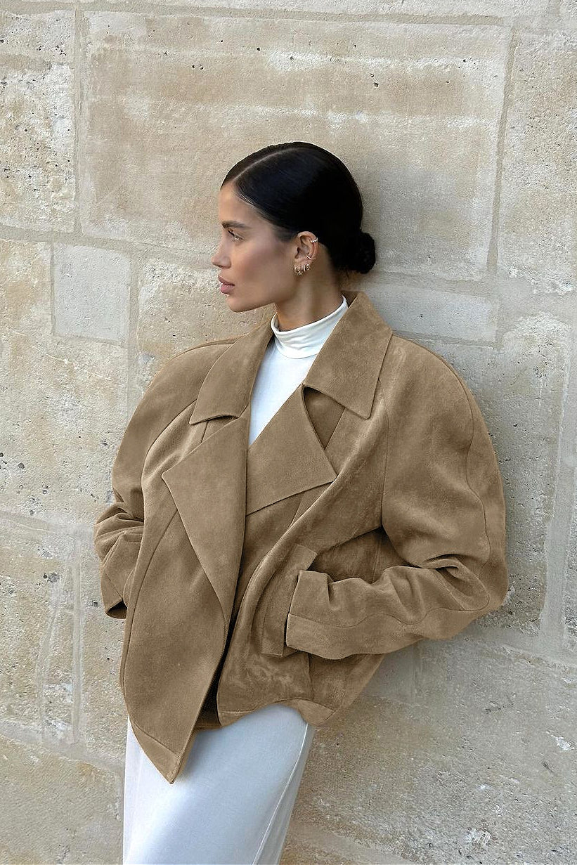 Retro Suede Lad-Style Notch Collar Coat