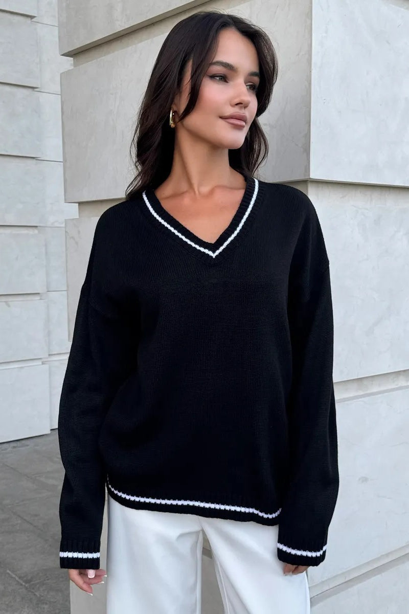 Plain Knit V Neck Sweater