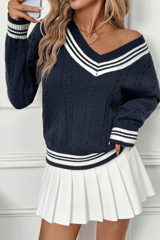 Contrast Cable Knit V Neck Sweater