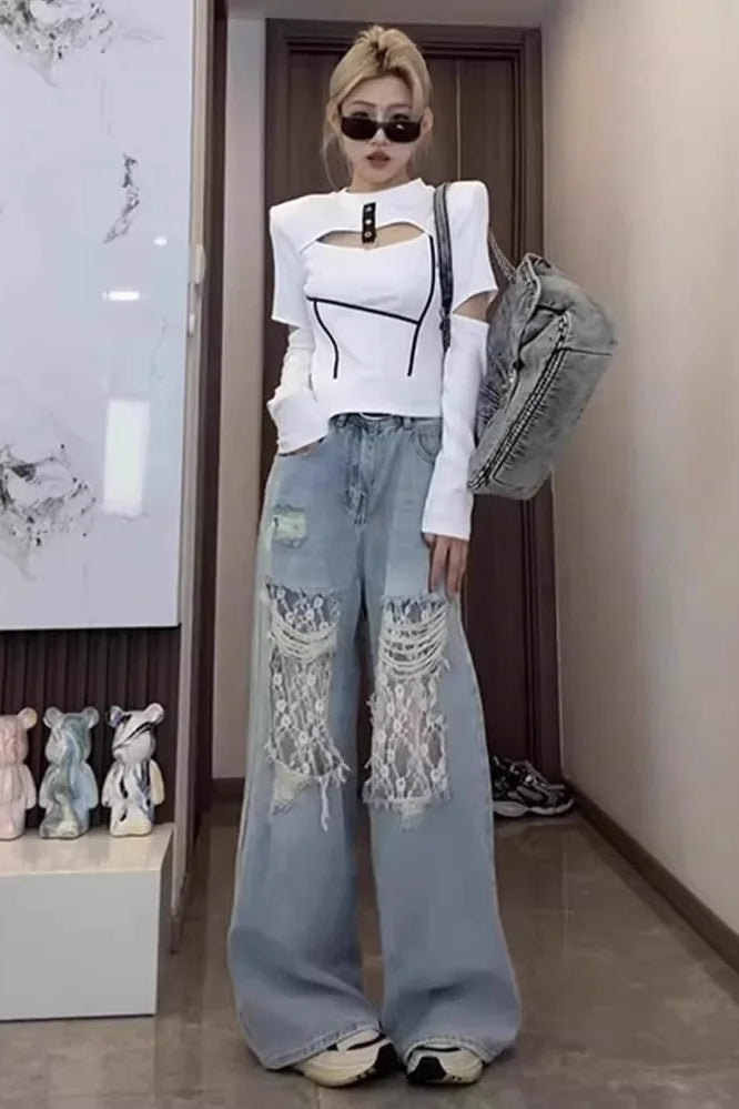 Lace Panel High Waist Wide Leg Jean