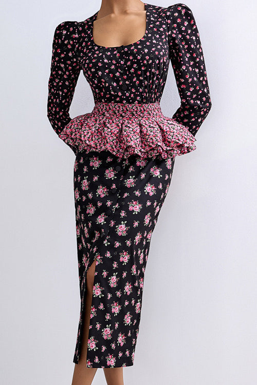 Square Neck Printed Ruffled Belt Floral Dress