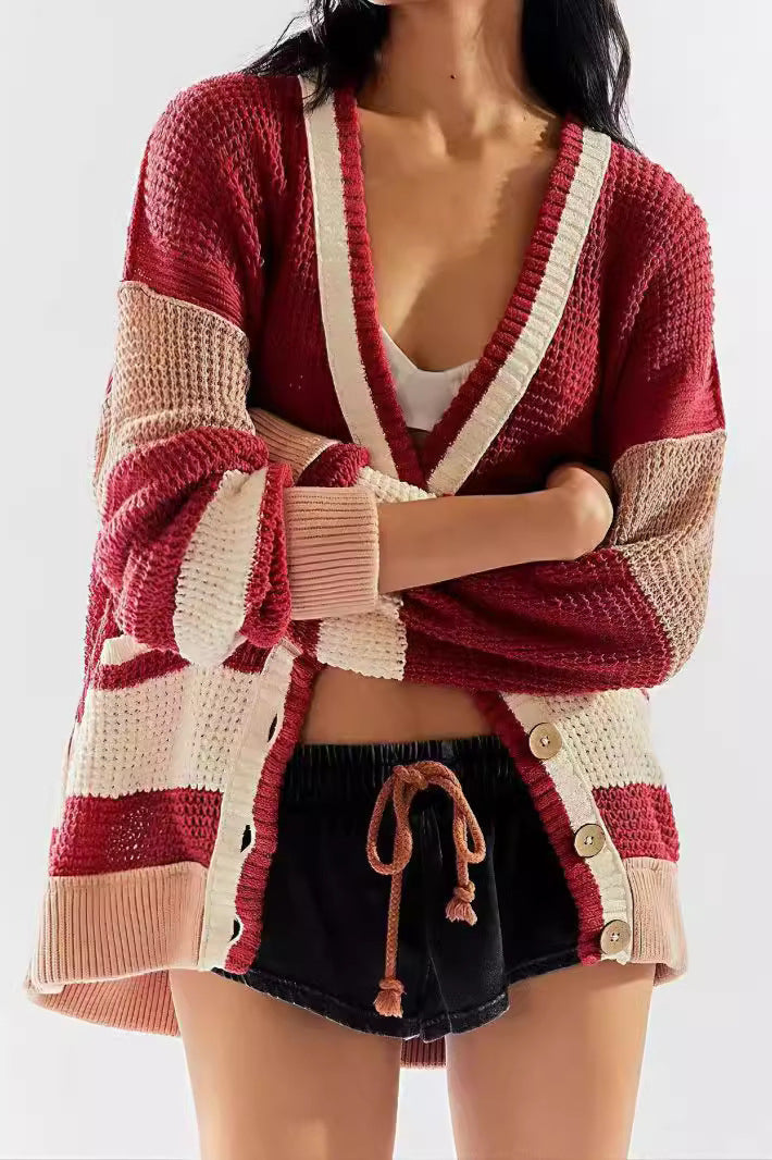 Striped Contrast Deep V-Neck Knit Cardigan